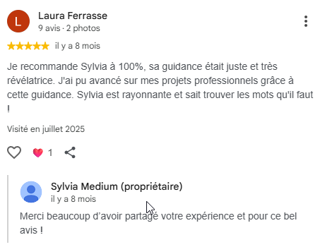 Avis Google 5 étoiles de Laura Ferrasse à propos des consultations de Sylvia Médium