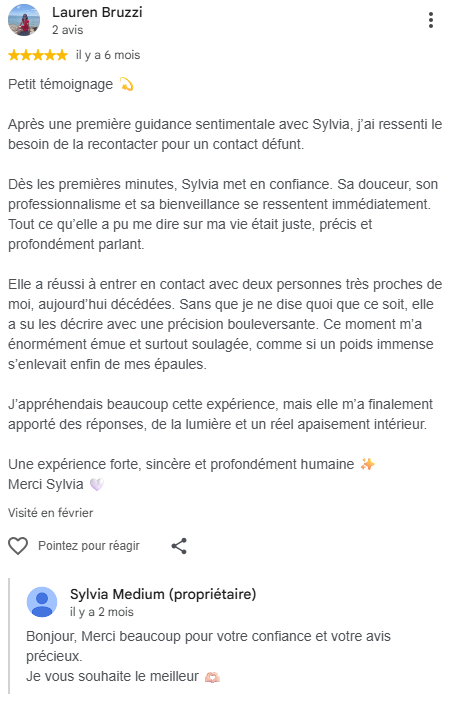 Avis Google 5 étoiles de Lauren Bruzzi à propos des consultations de Sylvia Médium