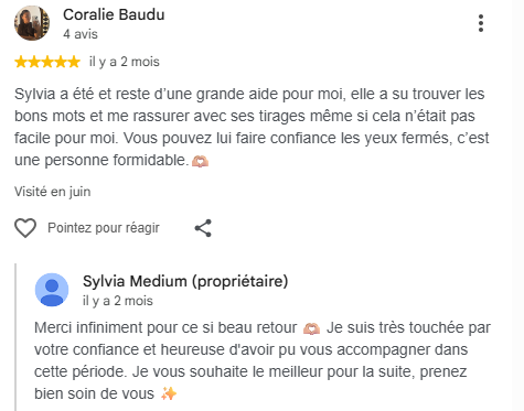 Avis Google 5 étoiles de Coralie Baudu à propos des consultations de Sylvia Médium
