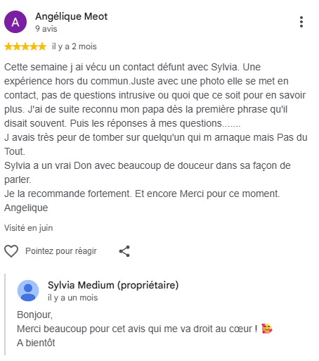 Avis Google 5 étoiles de Angélique Meot à propos des consultations de Sylvia Médium