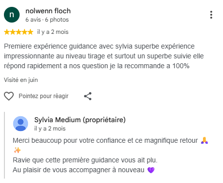 Avis Google 5 étoiles de Nolwenn Floch à propos des consultations de Sylvia Médium