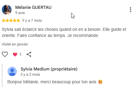 Avis Google 5 étoiles de Mélanie Guertau à propos des consultations de Sylvia Médium