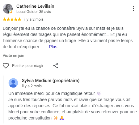 Avis Google 5 étoiles de Catherine Levillain à propos des consultations de Sylvia Médium