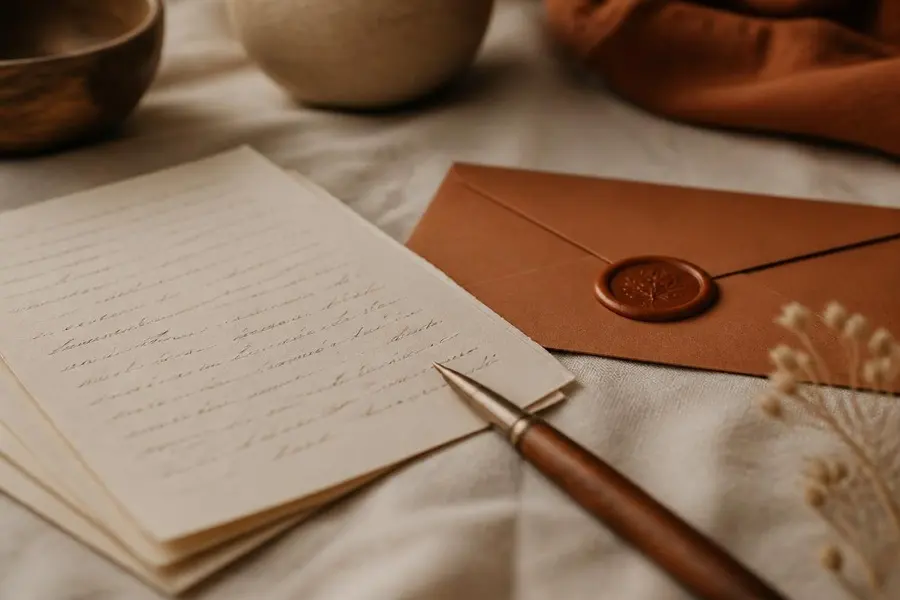 Lettre manuscrite et enveloppe cachetée à la cire sur une nappe de lin, guidance écrite envoyée par e-mail