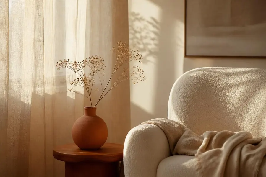 Fauteuil clair baigné de lumière douce avec un vase en terre cuite, cadre d'une guidance générale