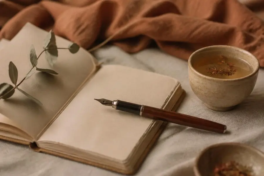 Carnet ouvert, stylo plume et tasse de tisane sur un lin ivoire, guidance sur un thème précis